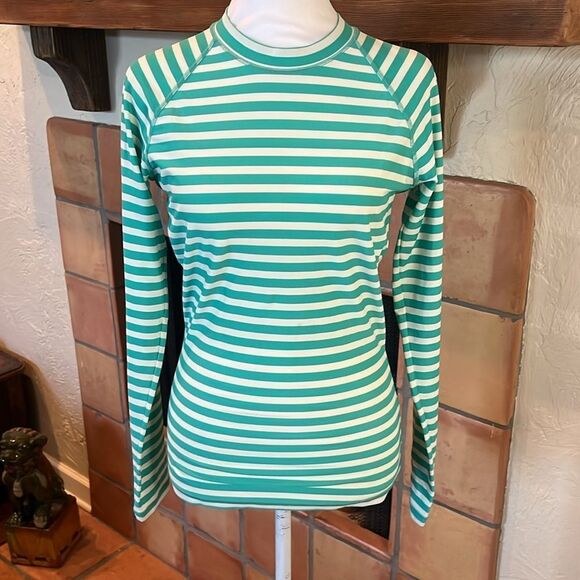 J. Crew Long Sleeve Rash Guard, Green and White Stripe, size M - Picture 1 of 9